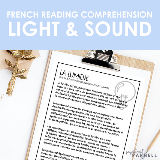 French Reading Comprehension Activity | la lumière et le son