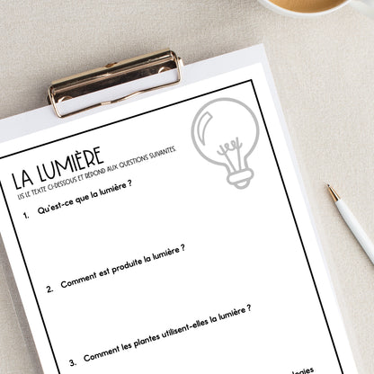 French Reading Comprehension Activity | la lumière et le son