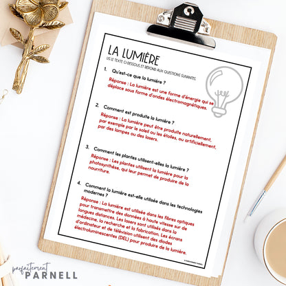 French Reading Comprehension Activity | la lumière et le son