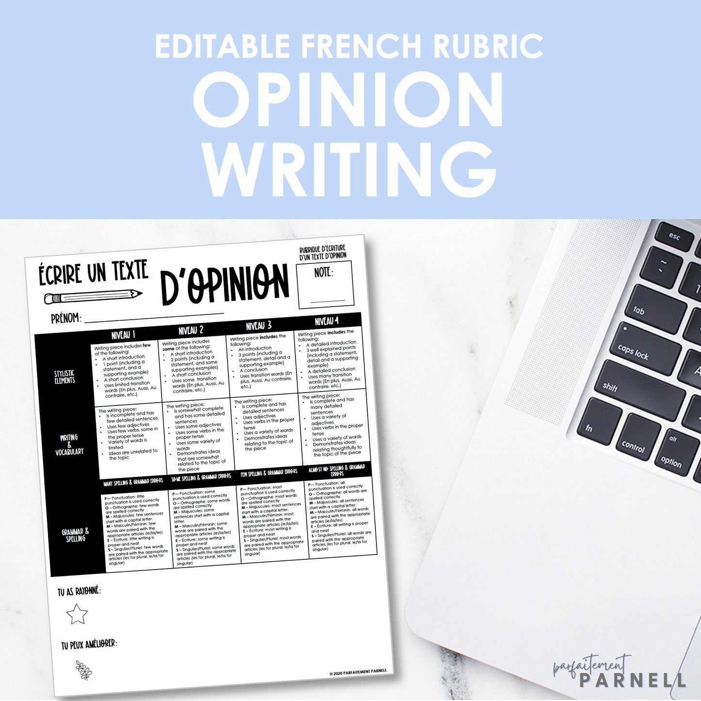 French Opinion Writing Rubric - Rubrique (écrire un texte d'opinion)