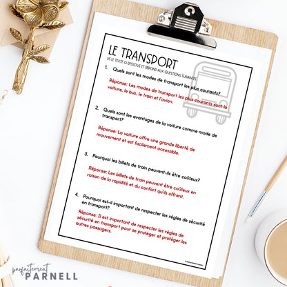 French Reading Comprehension Activity | le transport