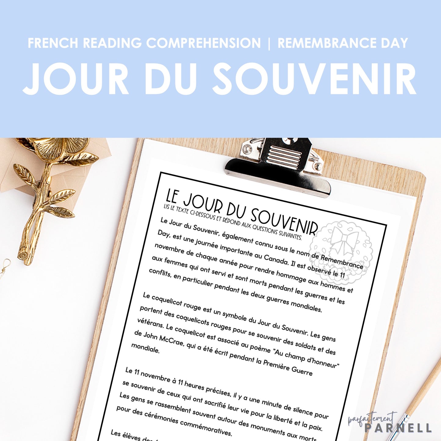 French Reading Comprehension Activity | Le Jour du Souvenir