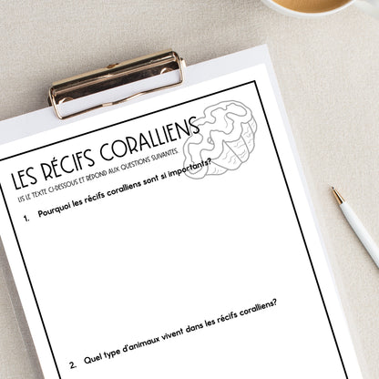 French Coral Reef Reading Comprehension Activity | les récifs coralliens