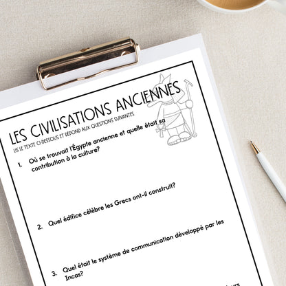 French Reading Comprehension Activity | les civilisations anciennes