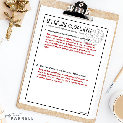 French Coral Reef Reading Comprehension Activity | les récifs coralliens