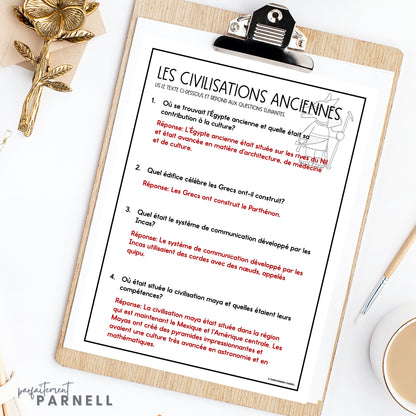 French Reading Comprehension Activity | les civilisations anciennes