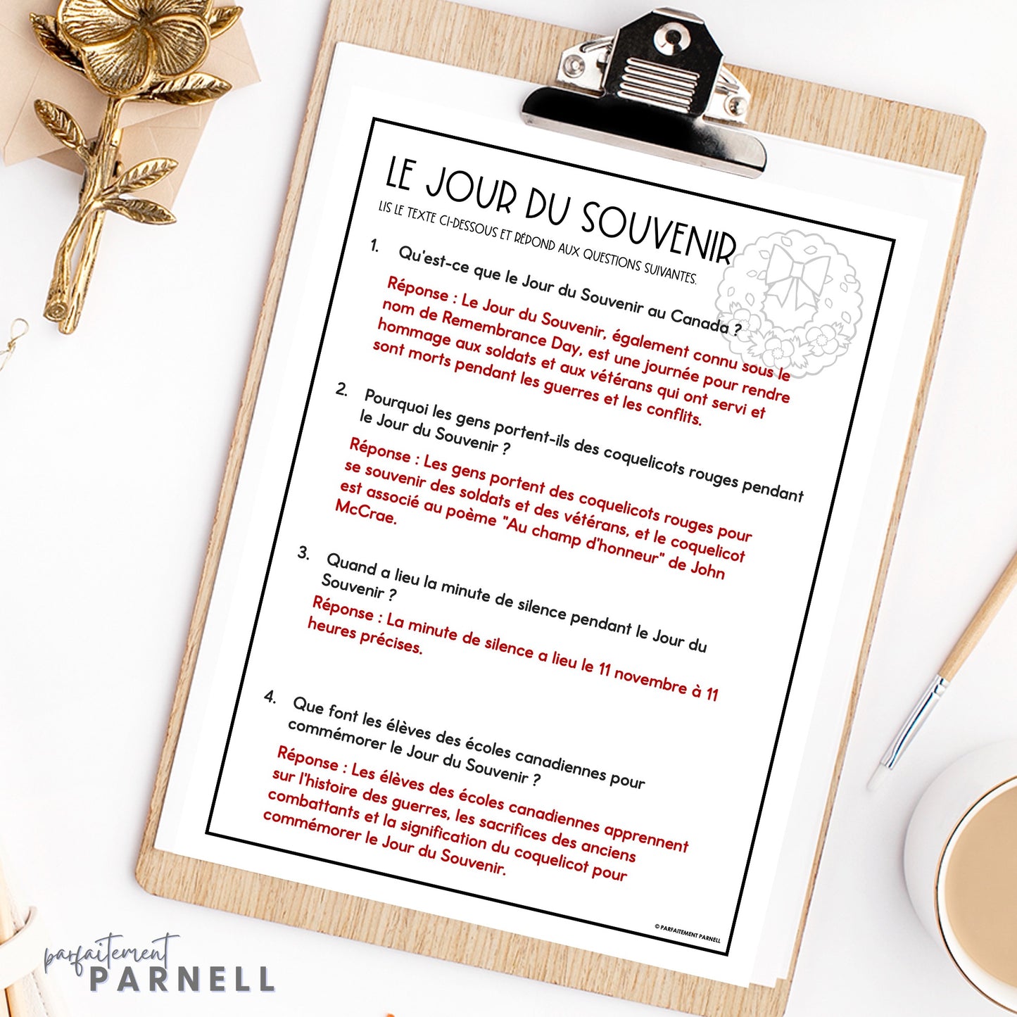 French Reading Comprehension Activity | Le Jour du Souvenir