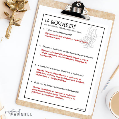 French Reading Comprehension Activity | la biodiversité