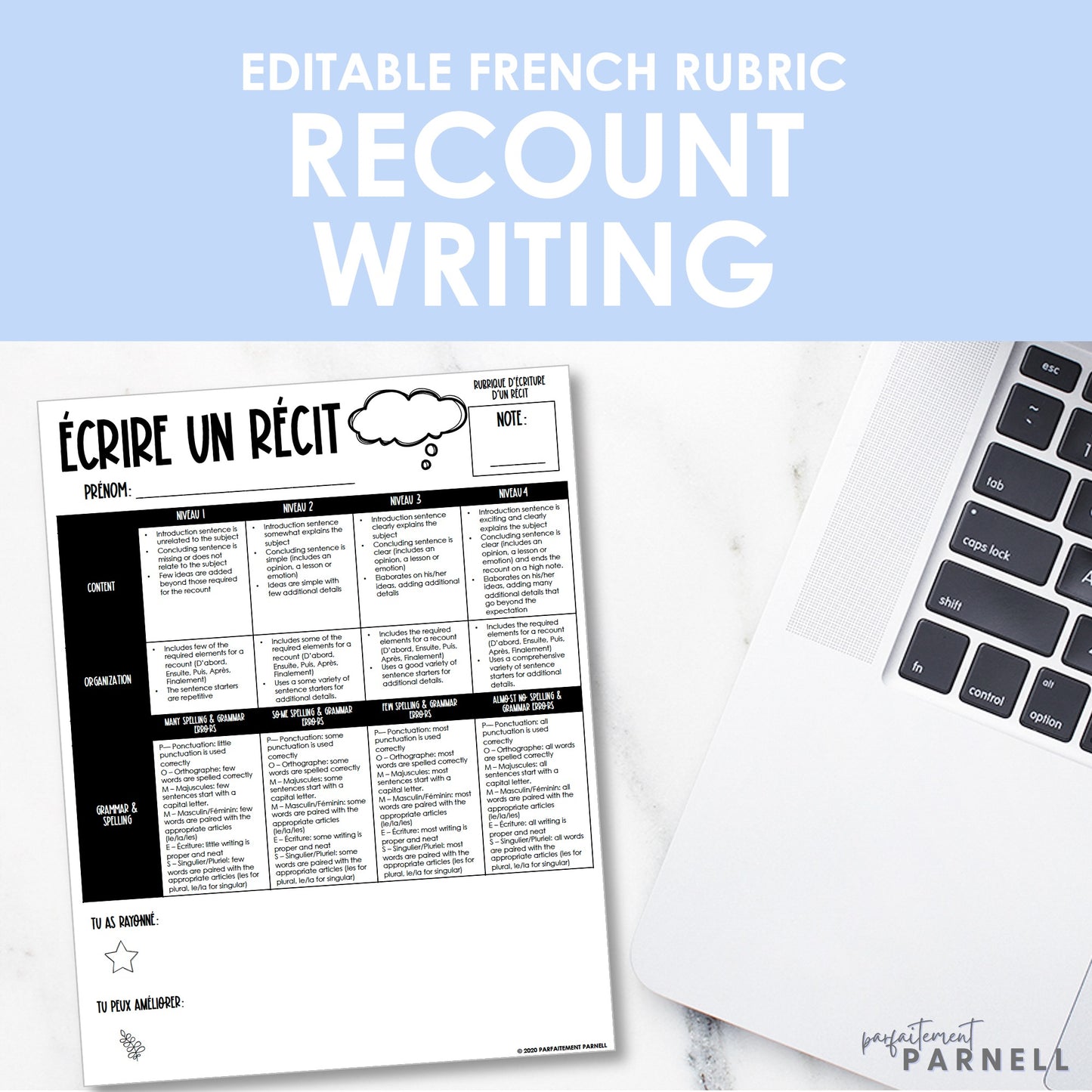 French Recount Writing Rubric - Écrire un récit