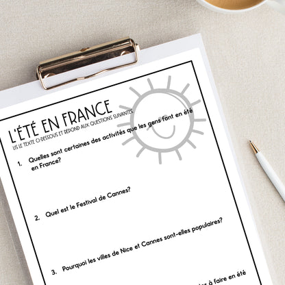 French Summer Reading Comprehension Activity | l'été