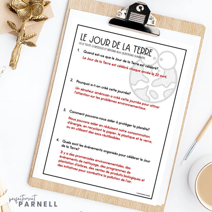 French Earth Day Reading Comprehension Activity | le jour de la terre