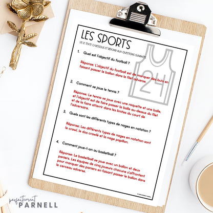 French Sports Reading Comprehension Activity | les sports